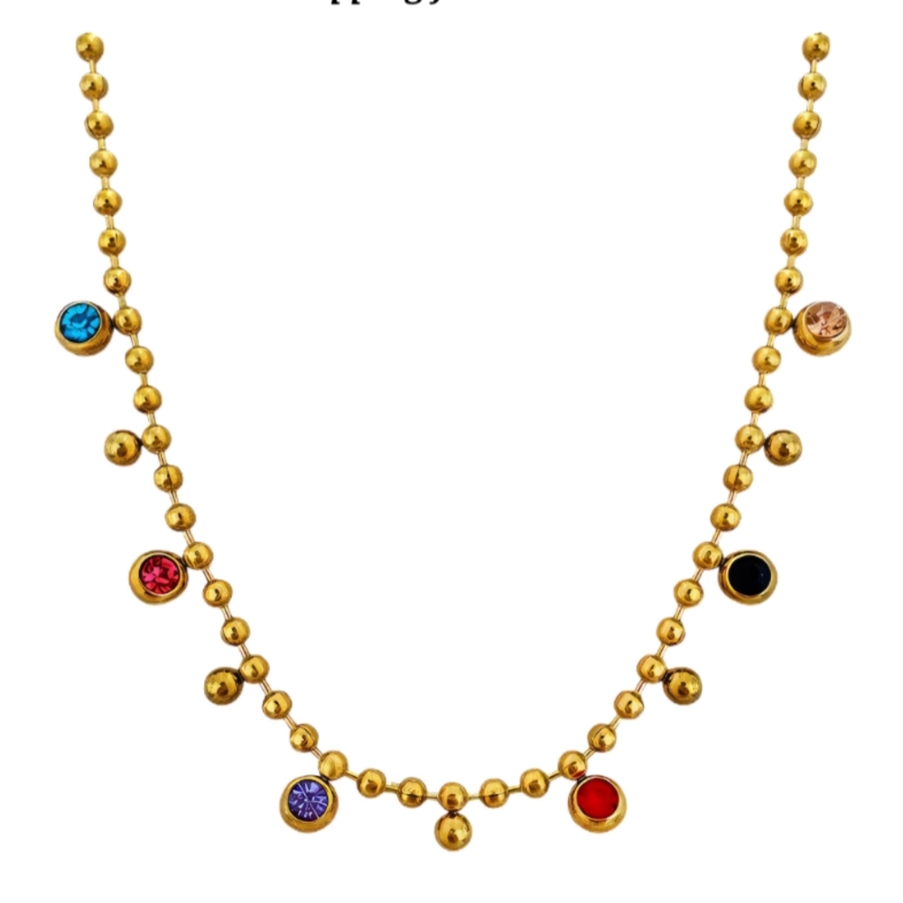 Gold Multicolor Gemstone Necklace. Waterproof Jewelry. Stainless Steel.